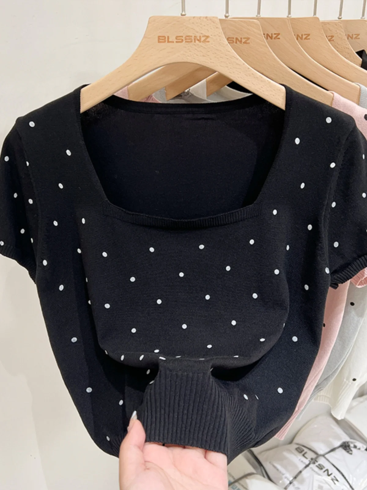 الصيف المرأة محبوك الحرير الجليد ort Sve تي شيرت ساحة طوق البولكا نقطة حجم كبير Faionable الكورية Sle تخفيف #4