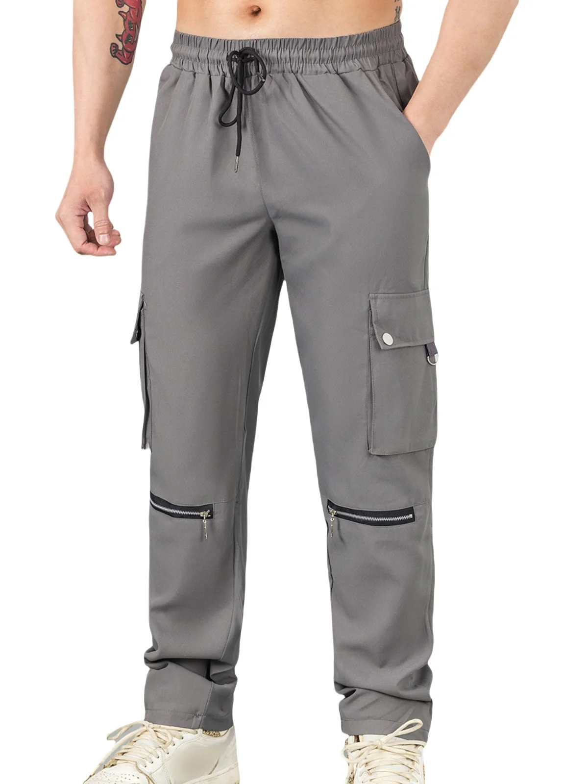 2025 Season Men's Workwear Pants, Solid Color with Zipper Pockets and Elastic Waist, Street Trendy Jogging Pants