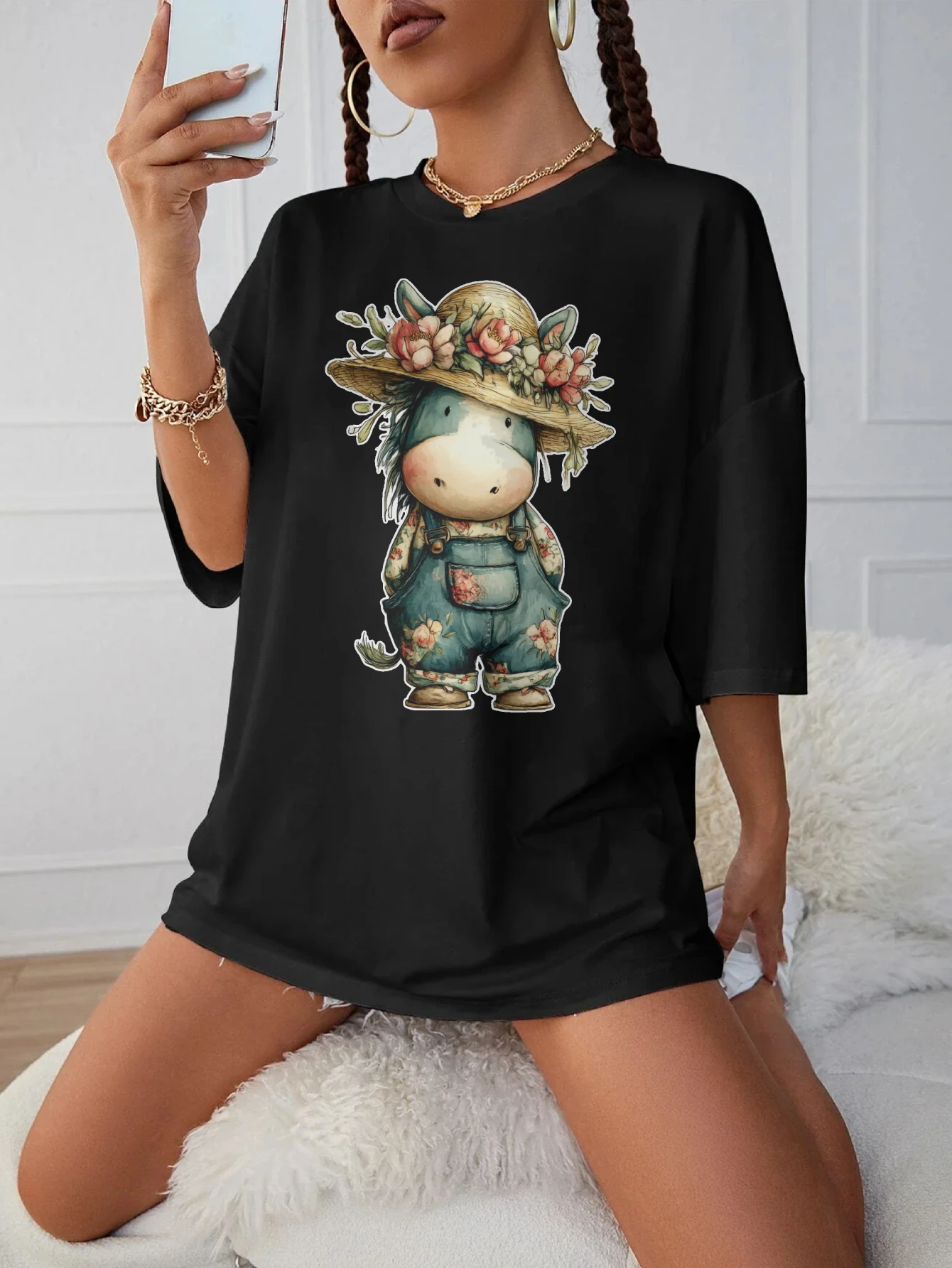 

boho clipart 42 Stylish Maternity T-Shirt Black Round Neck Loose Fit Comfortable Summer Clothing for Late Pregnancy