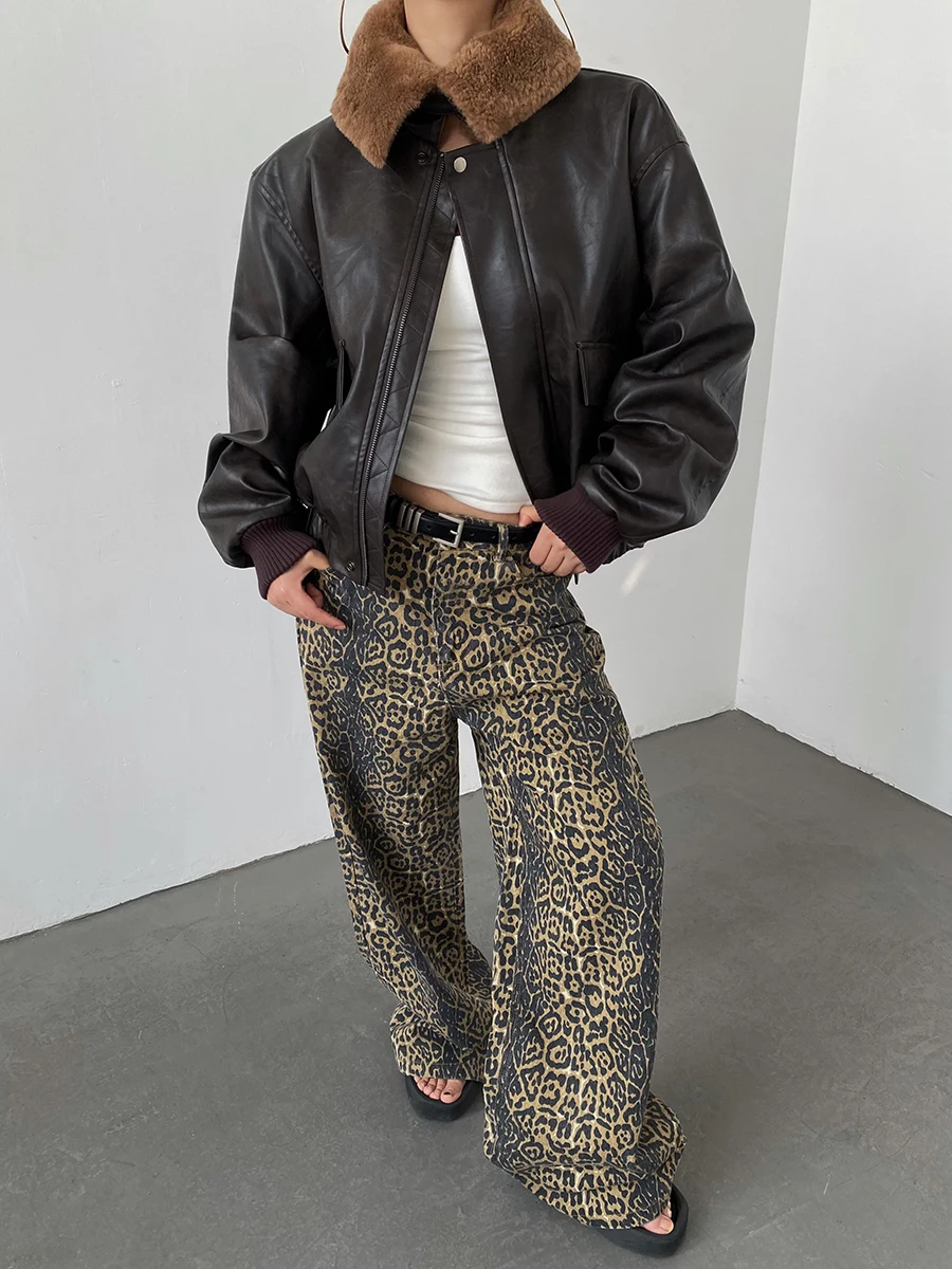 

Джинсы AcupStudio Jiangyou с леопардовым принтом, высокой талией и прямым кроем, женские, дизайнерские, повседневные, длинные брюки