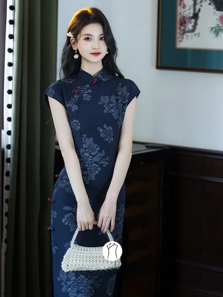 

Retro Republic of China Style Long Dress Dark Blue Artistic Young Chinese Design Breathable Short Sleeve Floral Print