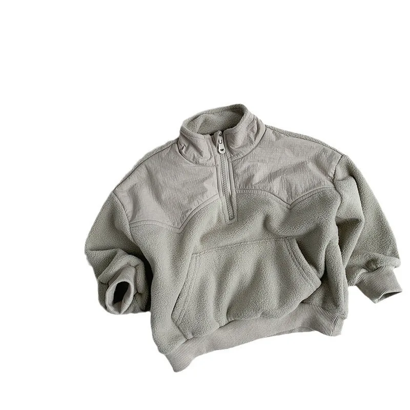 Korean Japanese Style Kids Polar Fleece Top Boys Girls Half Zip Stand Collar Warm Casual Pullover