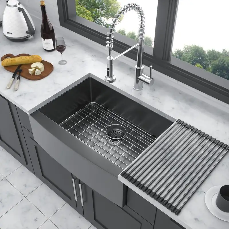 

27" Gunmetal Black Apron Front Kitchen Sink - 27x21x10 Inch 16 Gauge Stainless Steel Farmhouse Sink