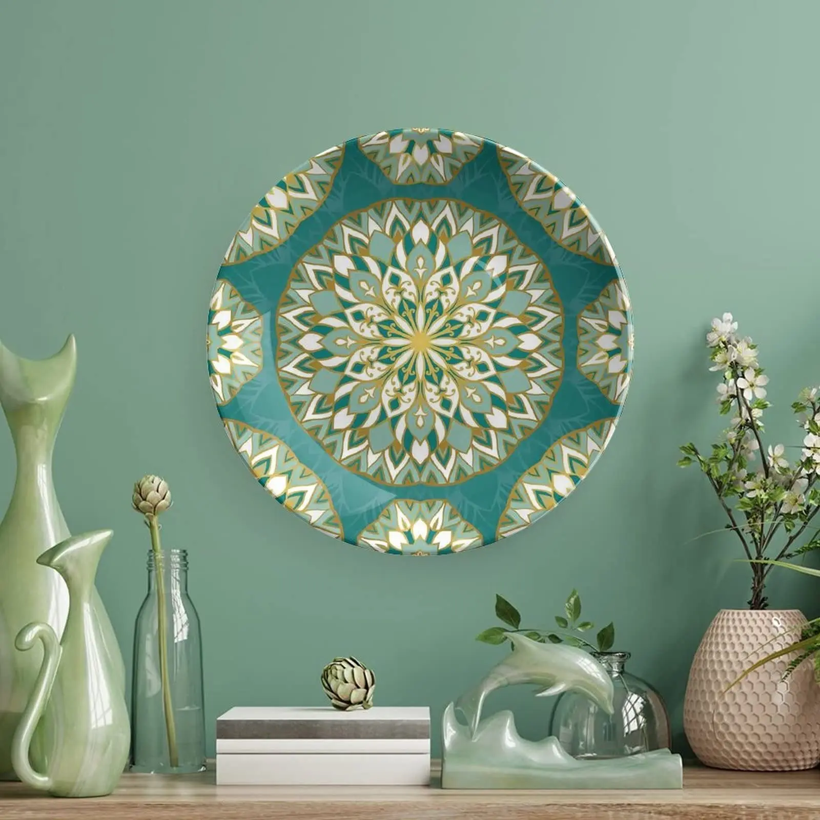 Decorative Plate, Turquoise Ceramic Stoneware, Round Pattern Emerald Mandala Print Ornament Display Plate for Party, Weddings