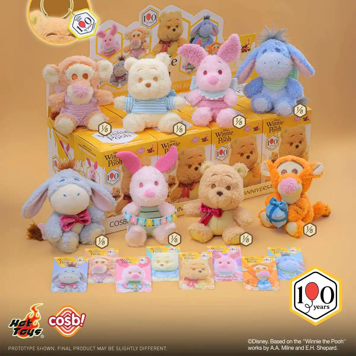 Llavero de peluche Hot Disney Hottoys Cosbi Winnie The Pooh 100th Anniversary Hundred Acre Wood, bonito colgante suave para bolso, decoración