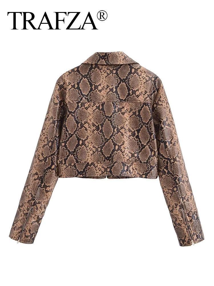 TRAFZA Women's New Fashion Lapel One To One Snake Print Faux Leather Jacket Female Sexy Elegant Long Sleeve Zipper Short Coat