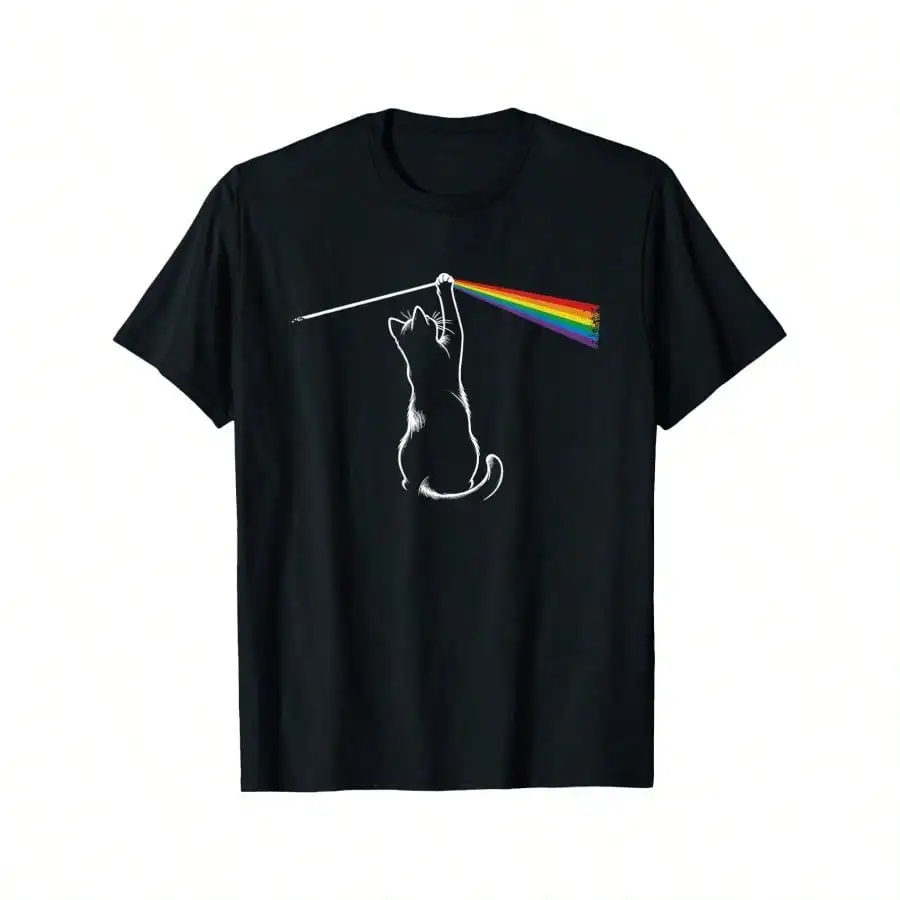 Rock Cat Graphic T-Shirt for Men Women 100% Cotton Casual Fit Black Cat Rainbow Guitar Design Machine Washable Summer Tee