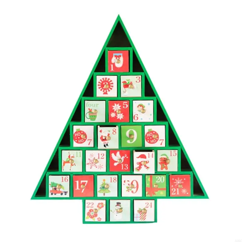 A0KC Christmas Wooden Advent Calendar House with Storage Drawers LED Lighted Countdown Number Ornament Holiday Home Decor view 3