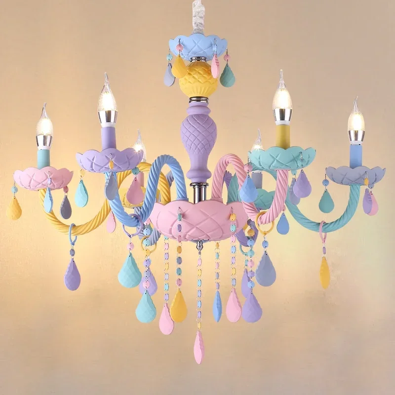 

Nordic Led Rainbow Chandelier Candle Hanging Lamp Bedroom Children's Room American Girl Princess Makaron Chandeliers Lights