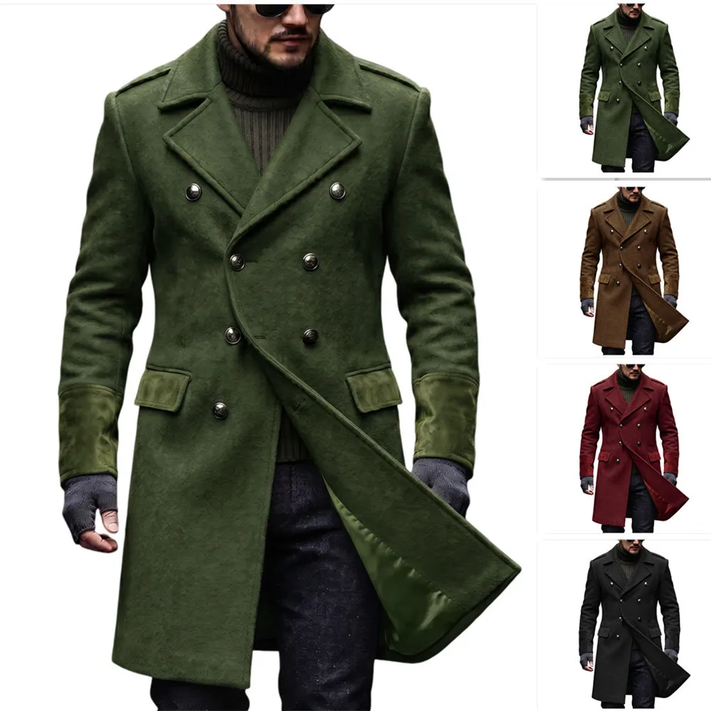 Mid Length Jacket Men Wool Blend Overcoat Double Breasted Formal Work Y2k Streetwear Classic Lapel Trench Coat Autumn Winter