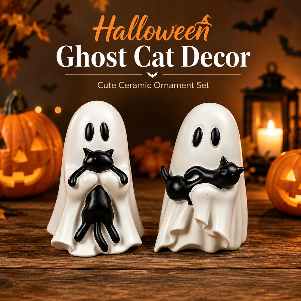 Halloween Ghost Cat Resin Figurines Cute Spooky Tabletop Decorations for Home Office Desk Autumn Party Decor Halloween Gift