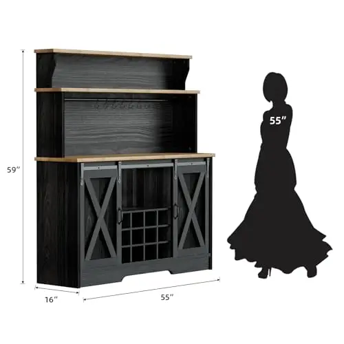 55'' Farmhouse Coffee Bar Cabinet with 3 Tier Storage Hutch, Coffee Bar Station with Sliding Barn Door, Hutch Storage image 3