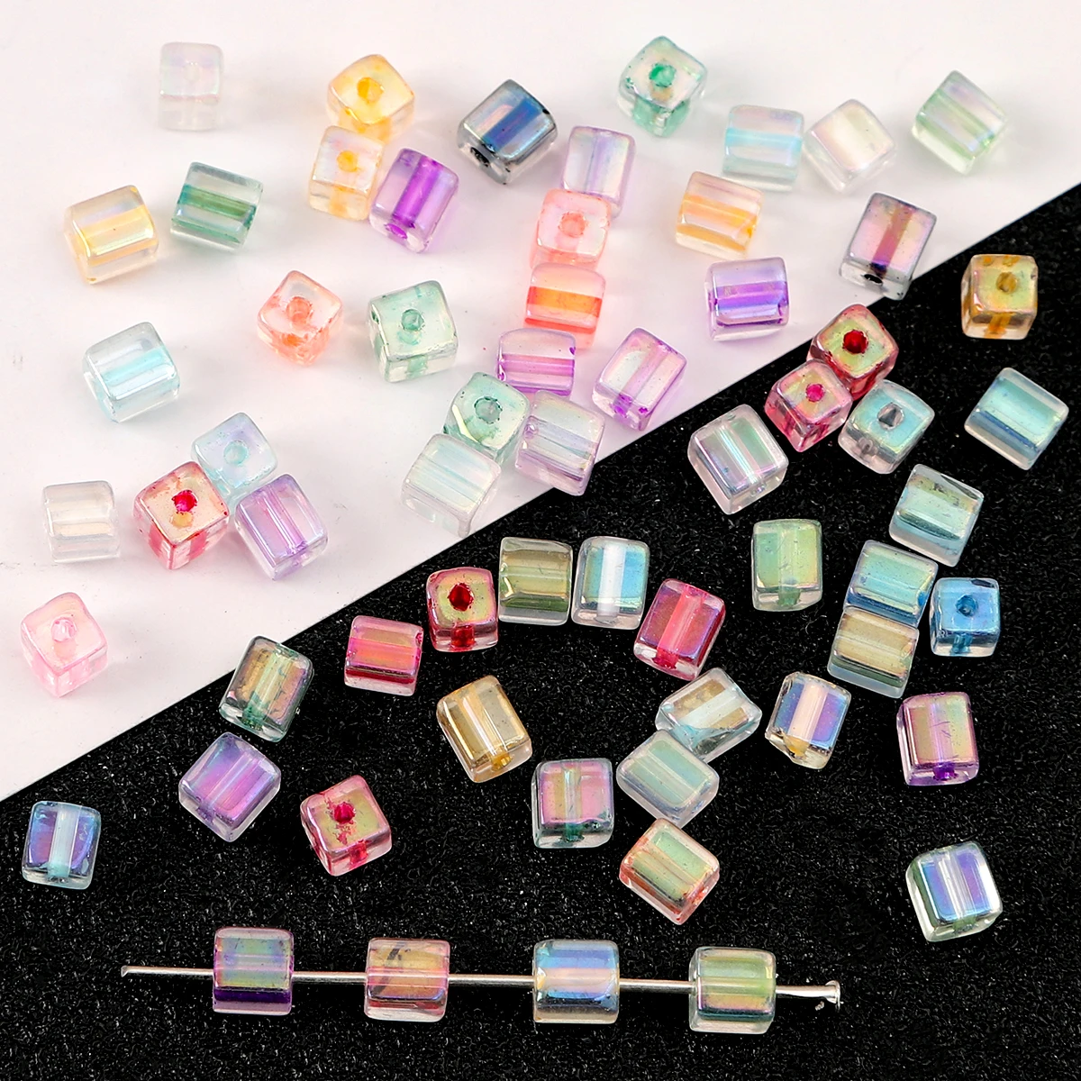 

5mm High-Quality Fantasy Dye Core Glass Square Rice Beads - Premium DIY Jewelry (Bracelets/Necklaces) 11g/Bag≈50pcs Aperture≈1mm