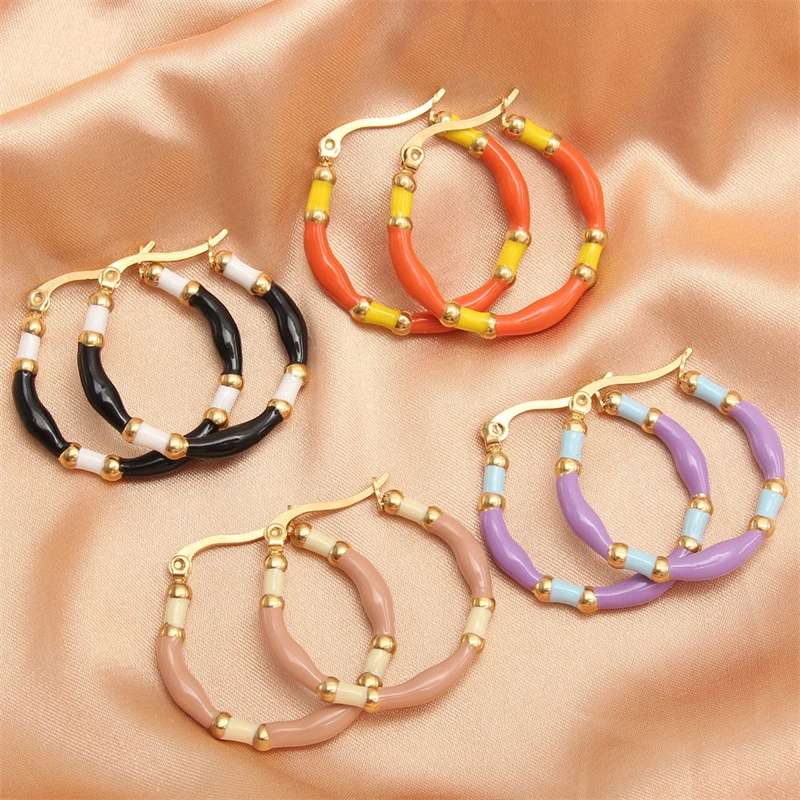 316L Stainless Steel New Fashion Fine Jewelry Size 3cm 9 Colors Colorful Candy Colors Thick Paint Bamboo Hoop Earrings For Women