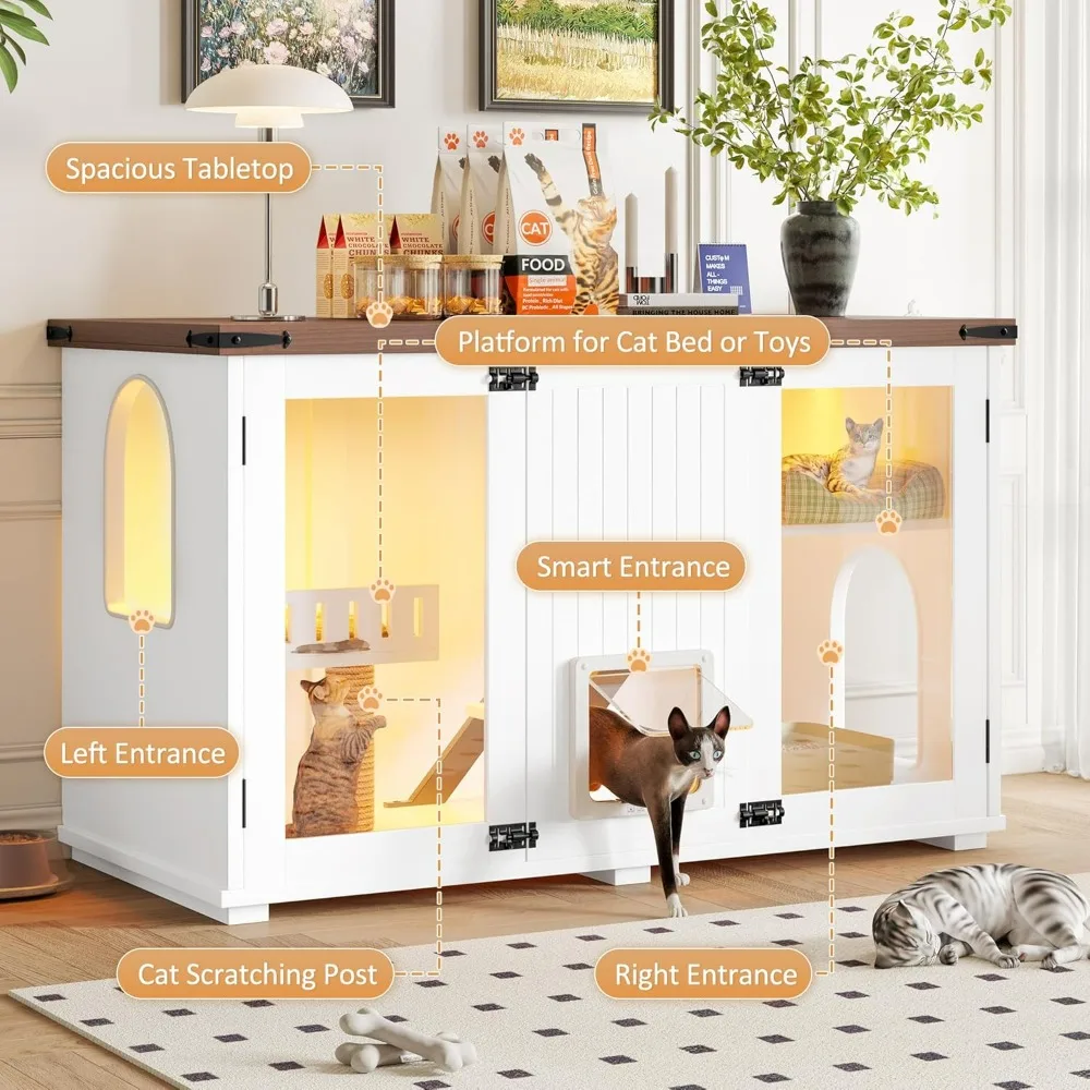 47.25 Inch Multi-Functional Cat Litter Box Enclosure with Smart Door & LED Light, Scratching Post & Stairs, Side Table/TV Stand