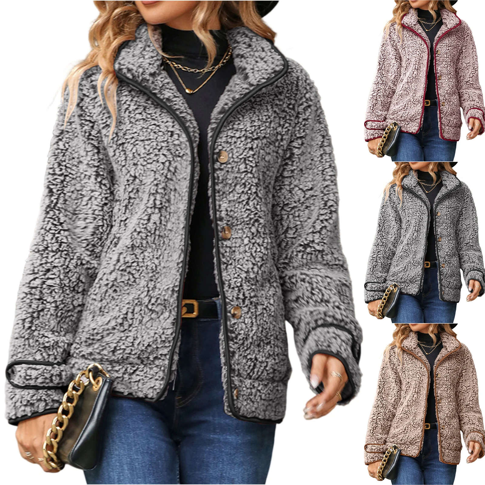 2025 Otoño Invierno chaqueta de bolsillo para mujer abrigo grueso de felpa cálido de manga larga para mujer abrigo con cuello vuelto de un solo pecho