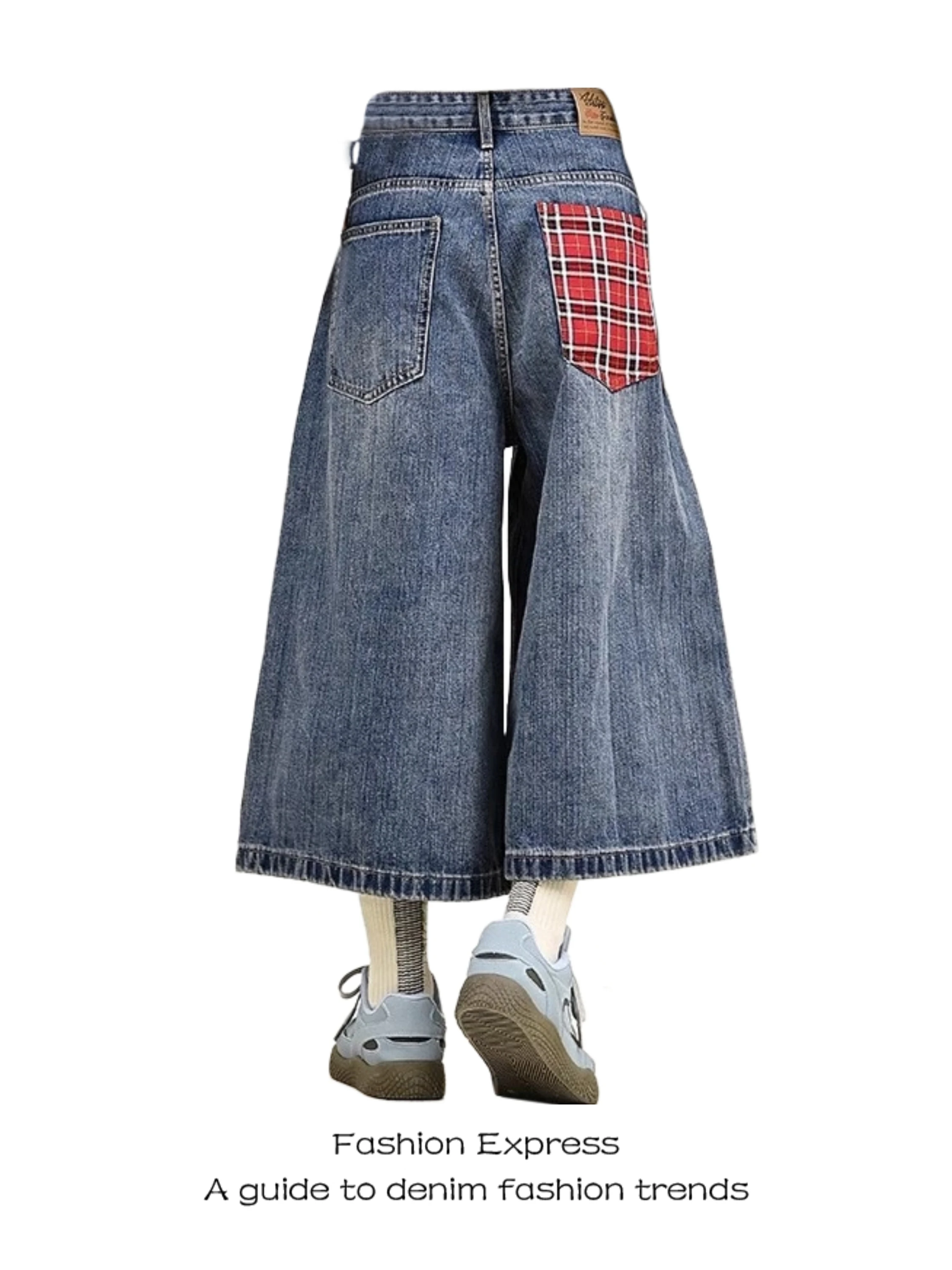 

American Retro Plaid Splicing Jeans Women's Loose Casual Wide Leg Pants High Waist Seven-Foot Blue Denim Spring New Sle