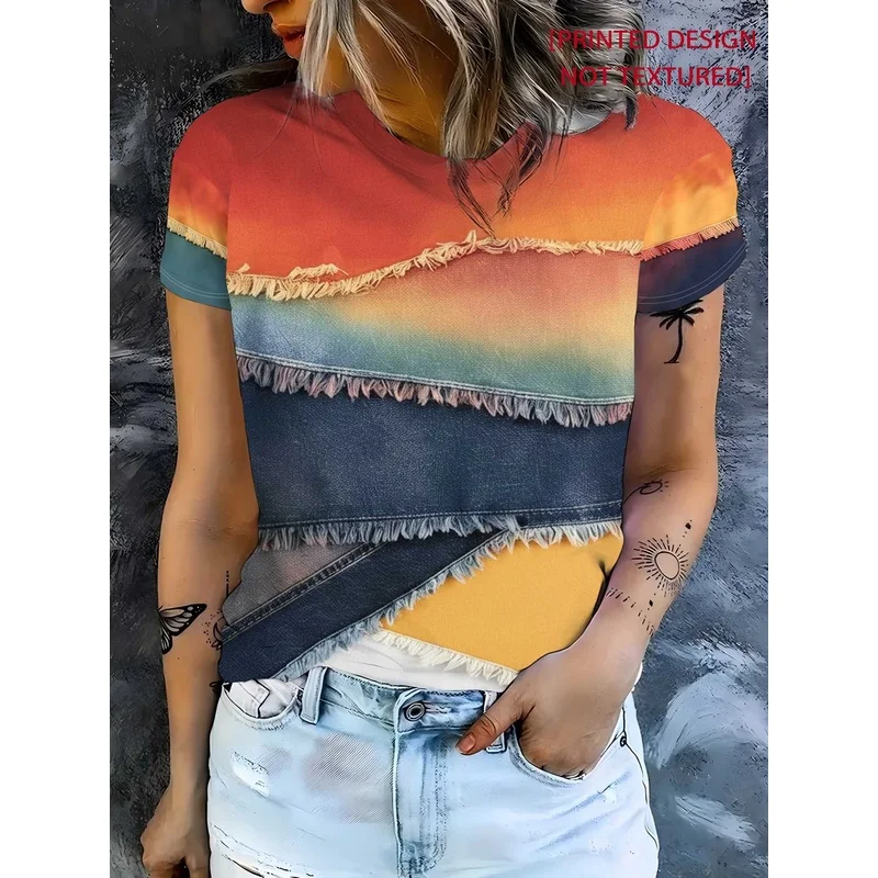 Printed design-No texture“The print has no texture” Imitation denim with raw edge stitching T Shirt，Versatile top for commuting