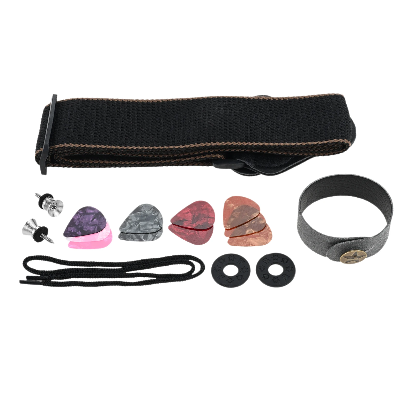 

17Pcs/Set Guitar Strap Kit Belt Buckle, Rubber Strap Locks Strap Buttons Picks Headstock Tie 85-137cm For Guitar, Bass, Ukulele