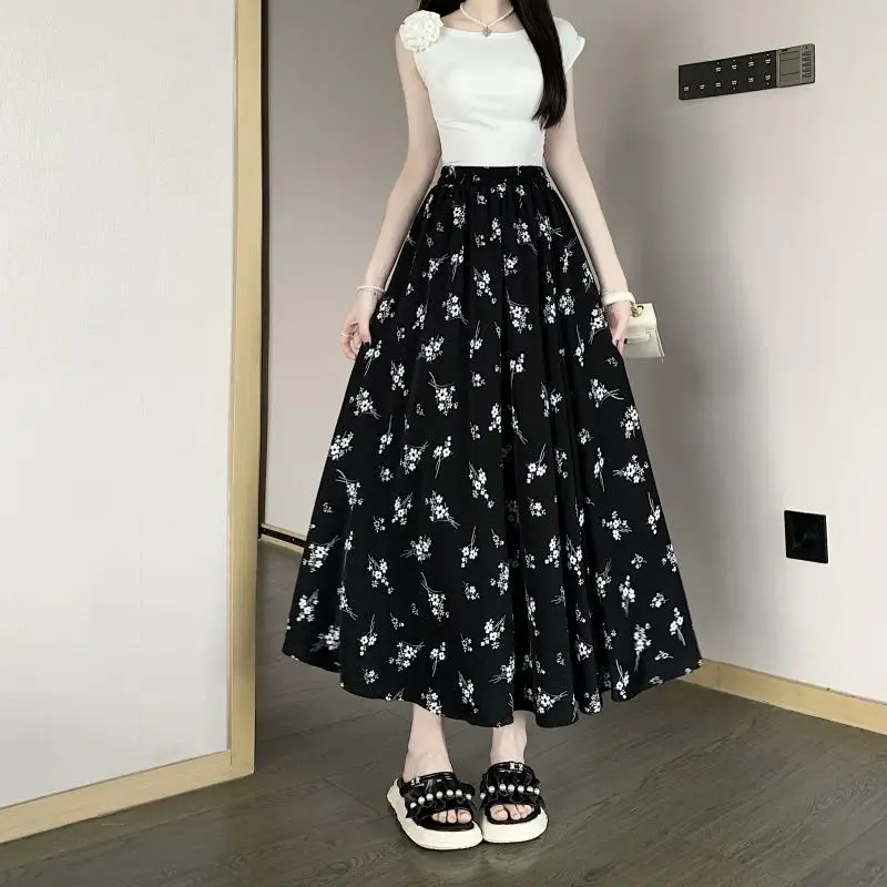 

Broken Flowers Casual Long Skirts Summer High Waist Elastic Stylish Folds Female Clothing Vintage Printed Basic A-Line Skirts