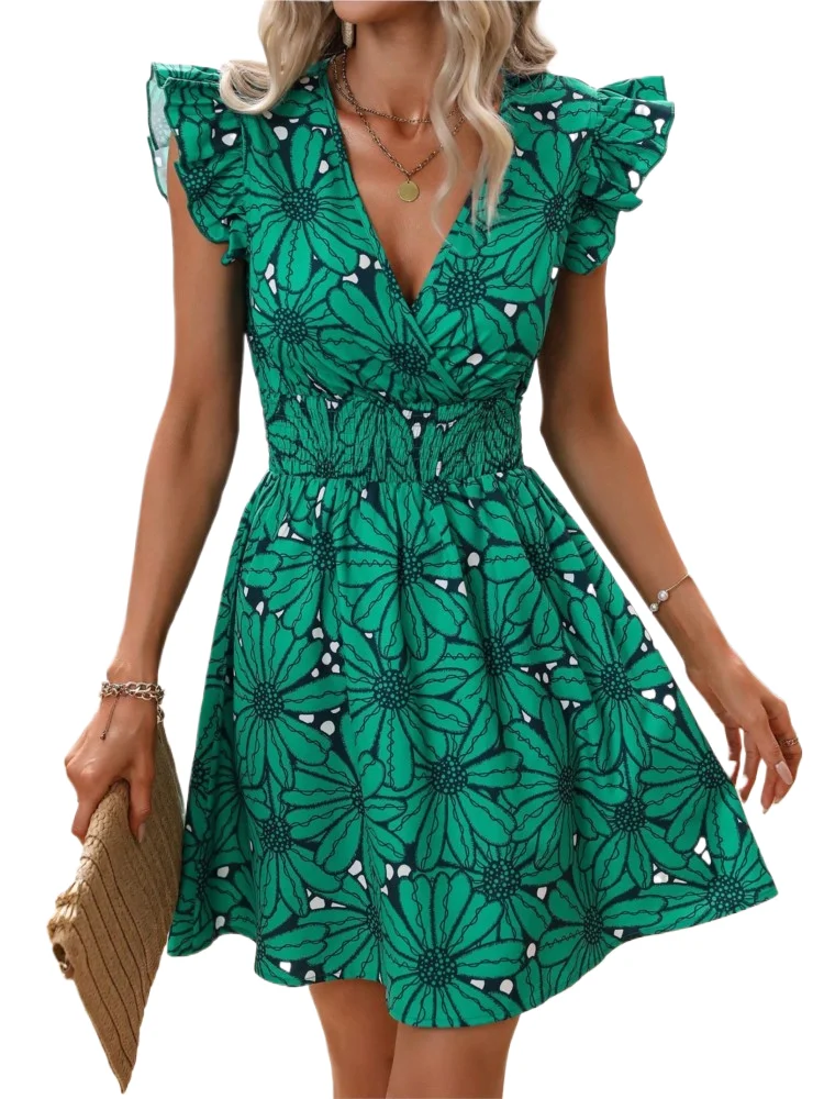 

Summer Women Print Dress Fashion Sexy V-neck Ruffles Sleeveless Elegant Party Casual Dresses New Female Beach Mini Dress Robe