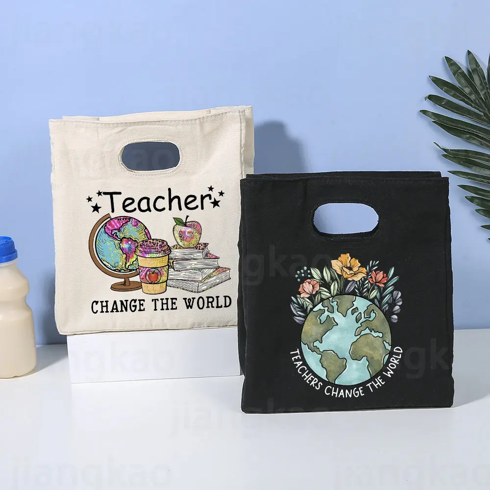 

Teacher Change The World Cooler Lunch Bag Portable Insulated Bento Tote Thermal School Picnic Food Storage Pouches Teacher Gifts
