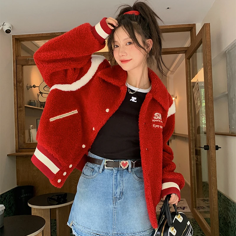 

2023 Lamb Wool Baseball Uniform Women's Winter Y2K Fashion Short Casual Loose Lapel Contrast Color Stitching Retro Real Fur Jack