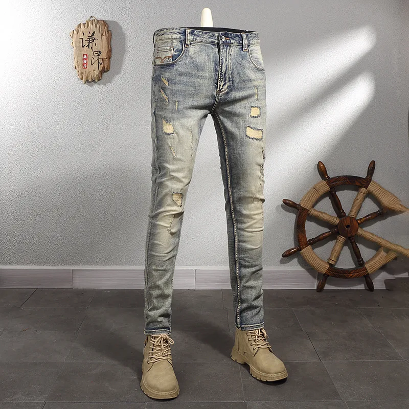 Retro Worn Looking Washed-out Brushed White Hole & Patch Stretch Slim Jeans Men's Trendy High Street Motorcycle Men's Clothing