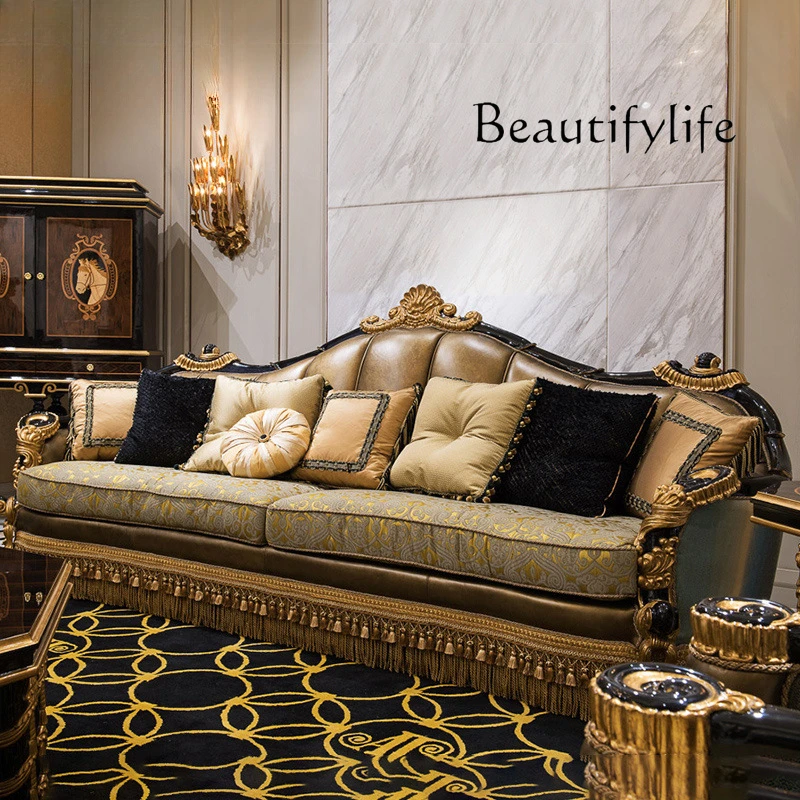 

European leather sofa combination luxury large apartment living room furniture neoclassical solid wood carving flower sofa