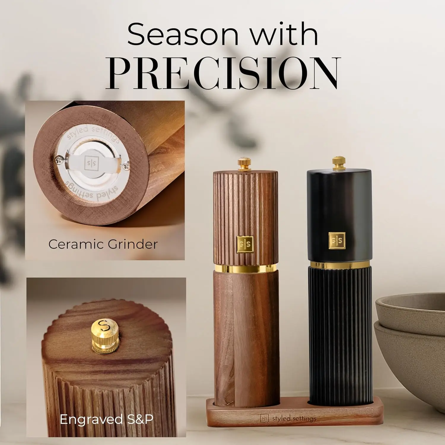 مجموعة مطحنة ملح وفلفل من السيراميك قابلة للتعديل مع حامل خشب السنط، هدية مثالية للمطبخ