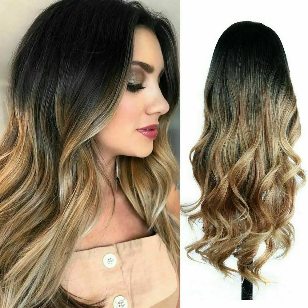 

Golden Brown to Gold Ombre Long Wavy Curly Blonde Wig Women's Synthetic Hair