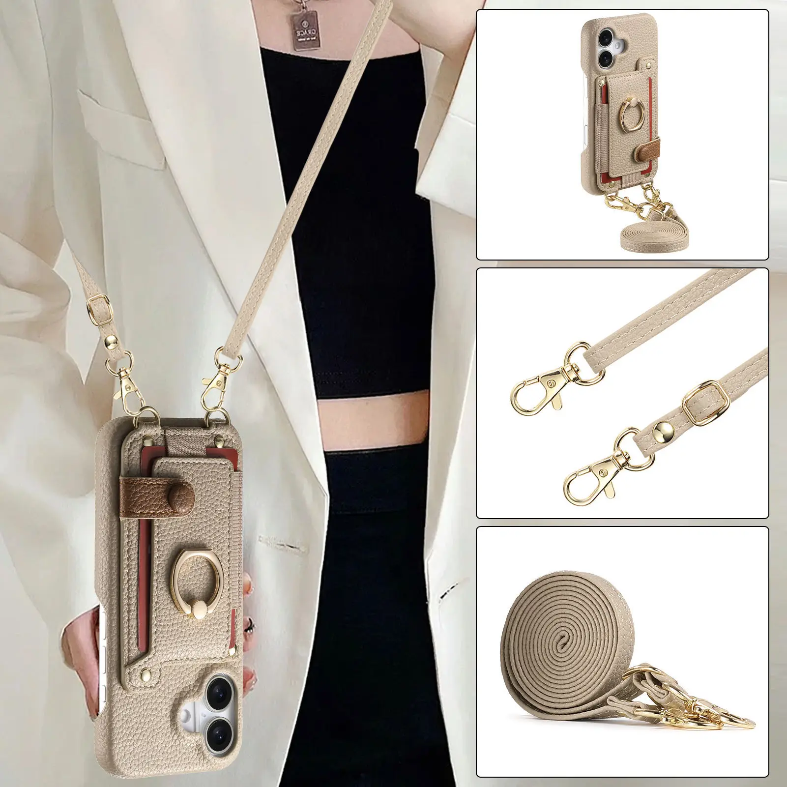 

Длинный подвесной чехол через плечо для iPhone 16 Pro Max 16e 15 Plus 14 13 Mini 12 11 Xs Xr 7 8 Кольцо с слотом для карт Кожаный чехол