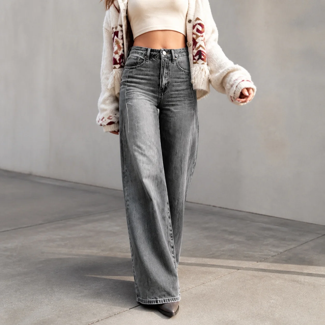Women's Baggy High Waist Wide Leg Full Length Loose Fit Stone Washed Cotton Jeans for Women Casual Everyday Wear with Classic