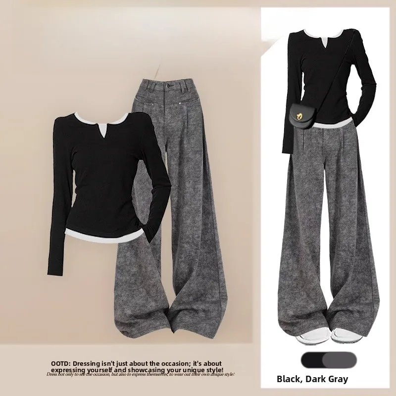 

Faion Slimming 2026 New Spring Long Sve Top Wide Leg Pants Set Lazy Sle Clothing ape Women plus Size Outfits