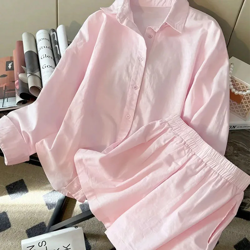 Fashion Long Sleeve Solid Shorts Set for Women Elegant Turn Down Collar Elastic Waist Women Shorts Set Two Piece Set Women Q694