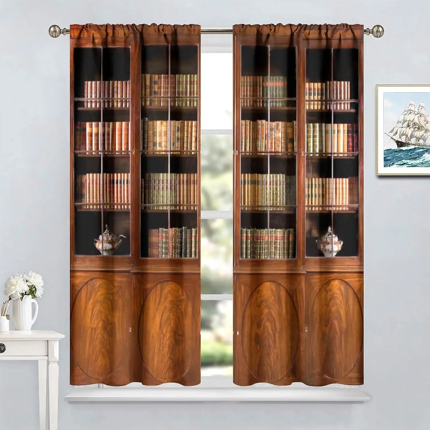 Vintage Wood Bookcase Curtain 2 Panels, Antique Glass Cabinet Old Hardcover Teapot Print, Drapes for Bedroom Study Curtain