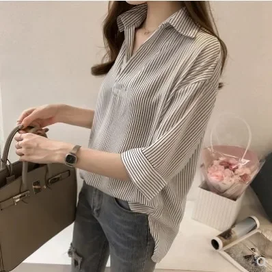 Spring Summer New Style Loose Slimming Stripe Women's Shirt Casual V-neck Seven-eighth Sleeve Early Spring Fashion Design