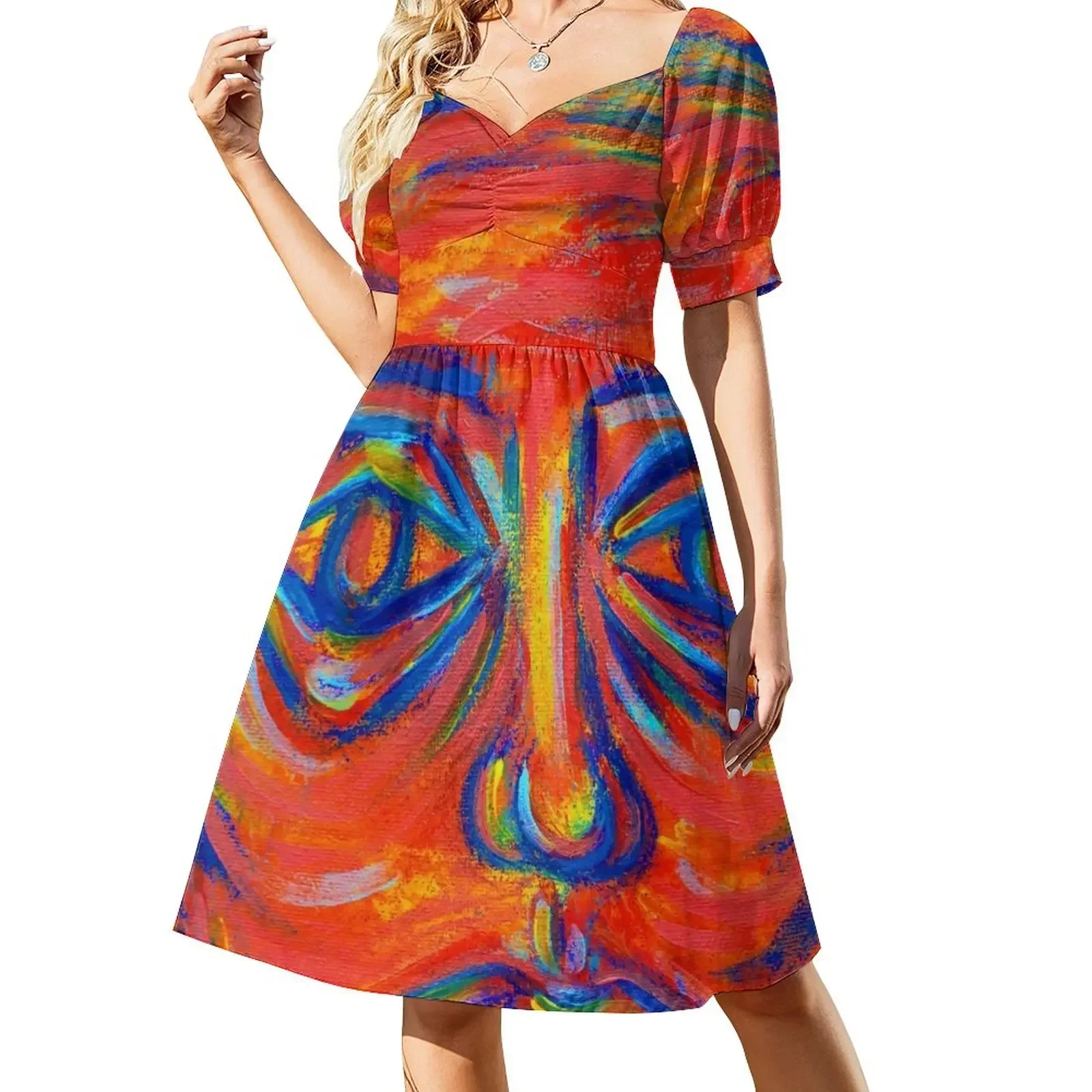 

Abstract colorful acrylic portrait over poured paint focus Sleeveless Dress dress for woman Dress