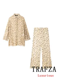 TRAFZA Vintage Chic Women Leopard Satin Suit Long Sleeve Loose Shirts+High Waist Loose Wide Leg Pants Fashion 2024 Elegant Suits