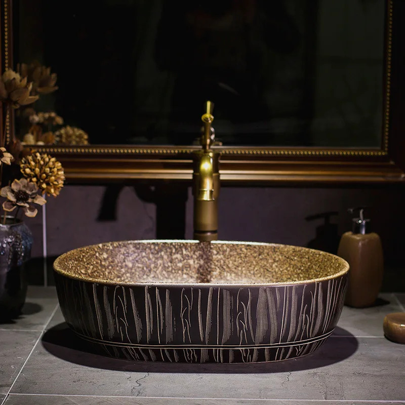 Luxurious Golden Glazed Art porcelain Counter top Bathroom Sink Lavabo Washbasin hand painted vessel sinks golden wash basin