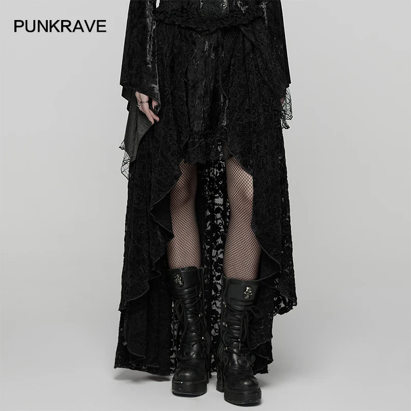 PUNK RAVE Women's Gothic Beauty 3D Lace High-low Design Tie-dyed Velvet Skirt Sexy Pleated Half Skirts Two Colors Women Clothing