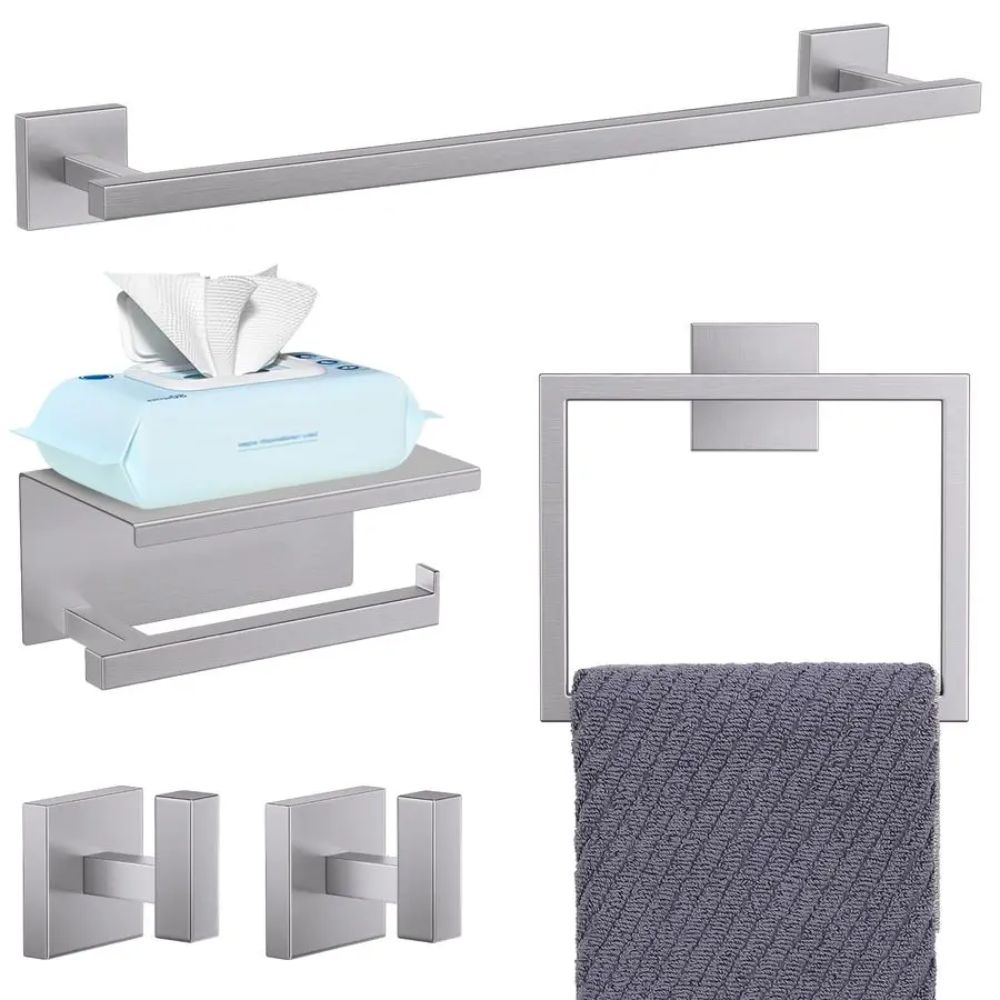 

Набор из 5 предметов для ванной комнаты из матовой никелированной стали: держатель для полотенец, улучшенный держатель для туалетной бумаги с полкой, нержавеющая сталь W