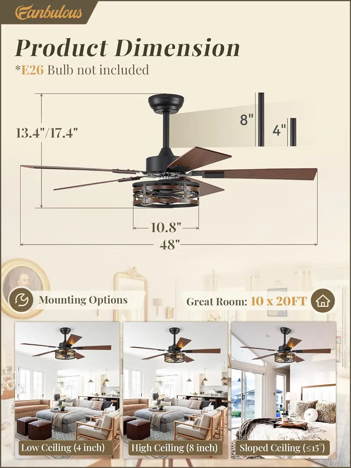 Farmhouse Ceiling Fans With Light, 48 Inch Bedroom Ceiling Fan With Lights, 6-Speed Adjustable, Quiet And Reversible Dc Motor,