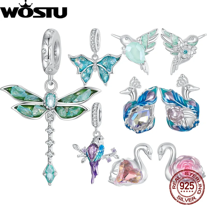 WOSTU 925 Sterling Silver Different Side Enamel Hummingbird Charm Heart Glass Bird Body Peacock Beads Fit Original Bracelet Gift