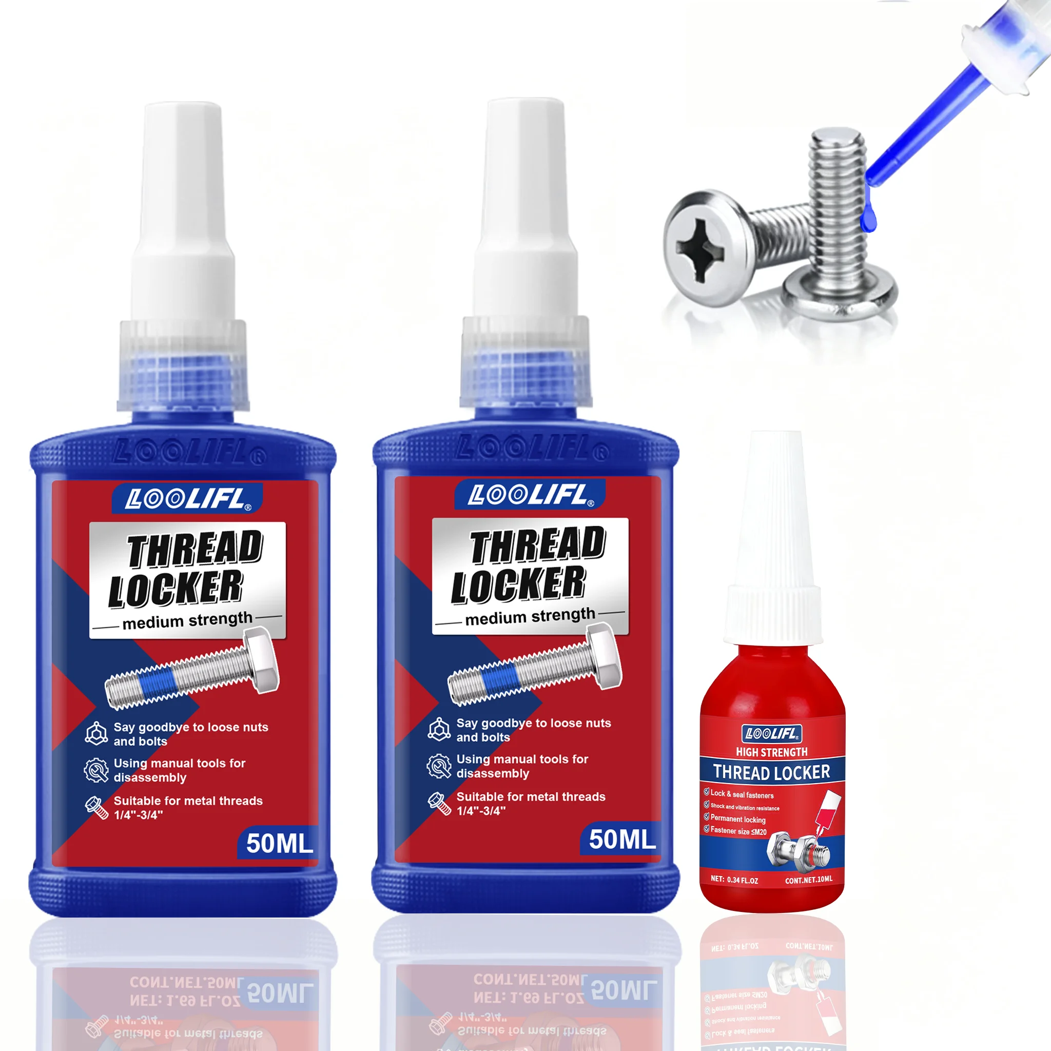 Blue 243 Threadlocker Medium Strength, Red 271 High Strength -- Removable Threadlocker Metal Adhesive for Nuts, Bolts, and Fasteners, Medium Strength Screw Adhesive, Prevents Loosening and Corrosion 1.69 Ounces/50 Milliliters