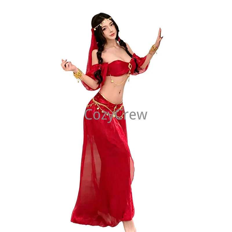 Disfraz de Princesa Árabe para Mujer, Traje de Danza del Vientre Rojo, Conjunto de Cosplay para Fiesta de Halloween, Top con Hombros Descubiertos, Falda Larga, Pañuelo para la Cabeza, Estilo Gitano