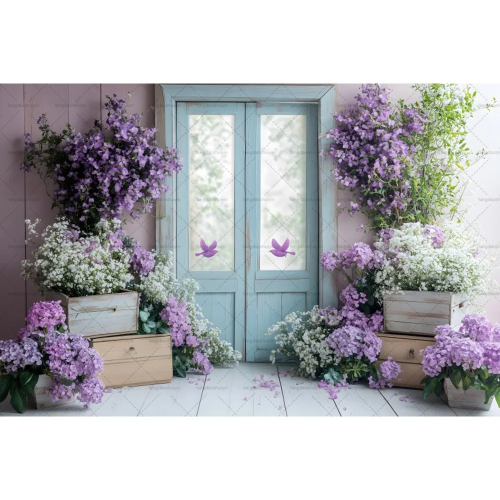 ดอกไม้สาววันเกิดการถ่ายภาพพื้นหลังประตูวินเทจ Wisteria ดอกไม้ฉากหลังเด็กทารกแสดงงานแต่งงาน Portrait Photo Studio