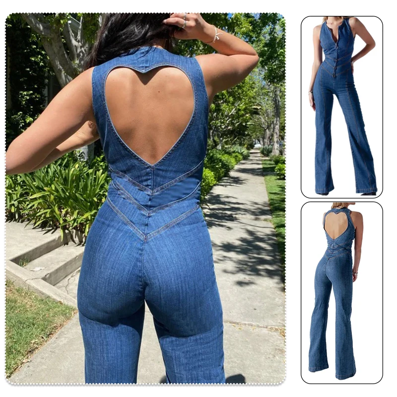 Sexy Backless Heart Cutout Corset Denim Jumpsuit 2025 Women Retro Denim Bodysuit Casual Sleeveless Slim One-Piece Outfits