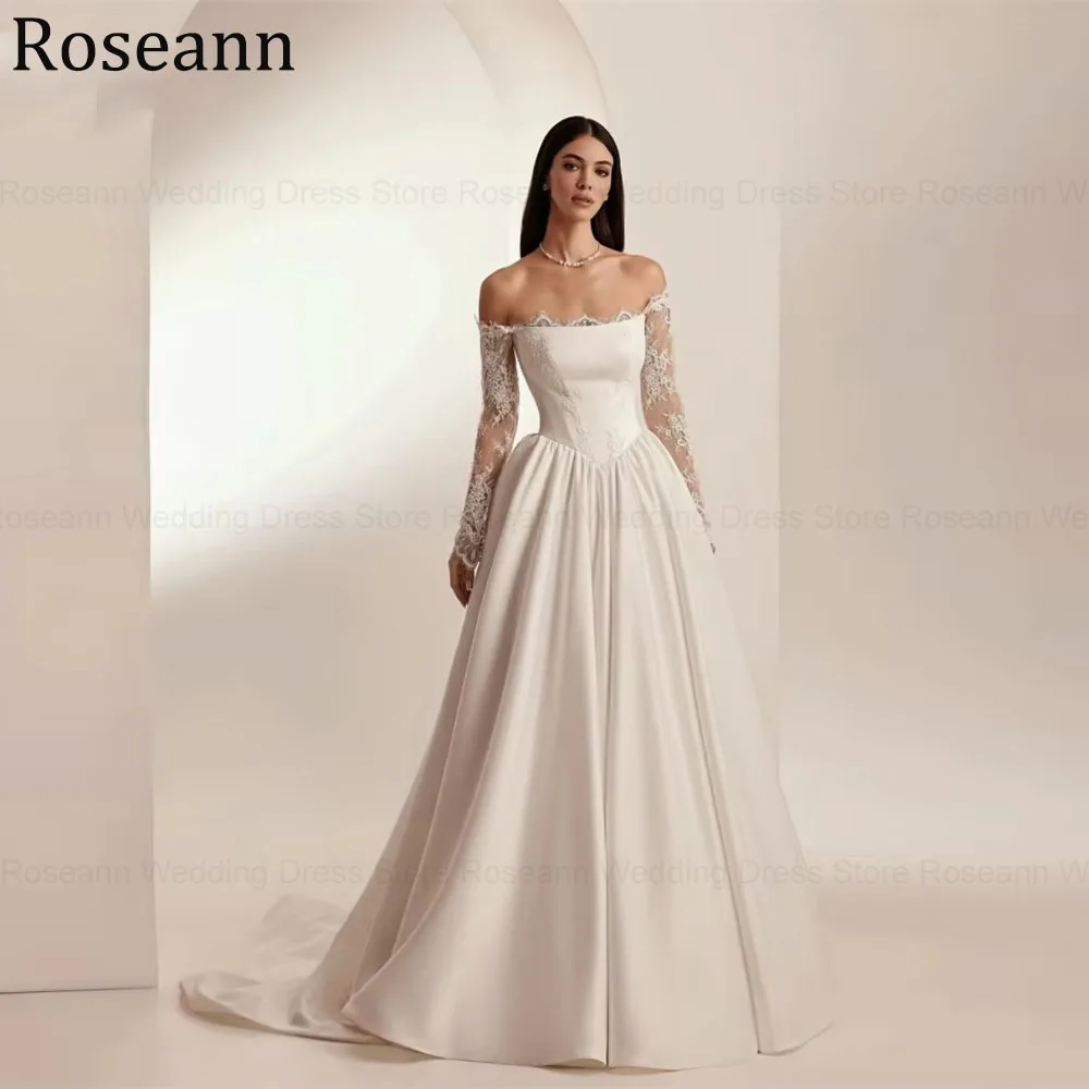 Customized Wedding Dresses 2026 Off-Shoulder A-Line Satin Long Sleeves vestidos de novia Sweep Train Lace-up Party Evening Gowns