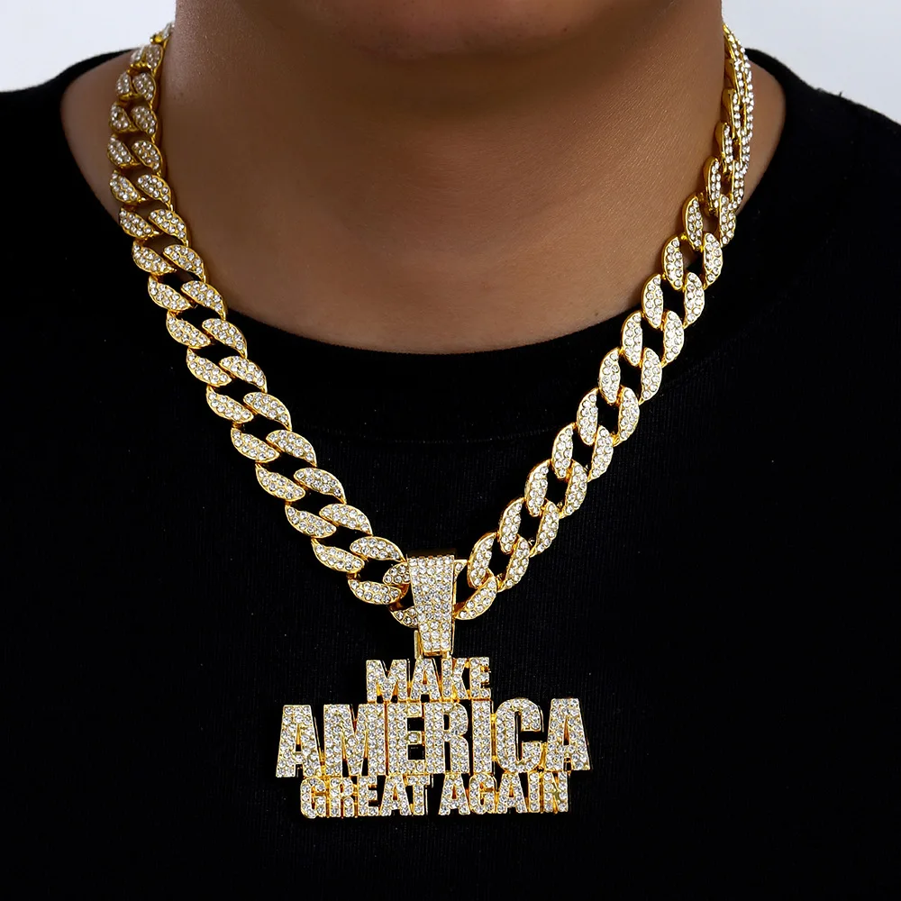 DIY accessories European and American men's cross-border hip-hop jewelry, full diamond letter splicing pendant necklace cool pun